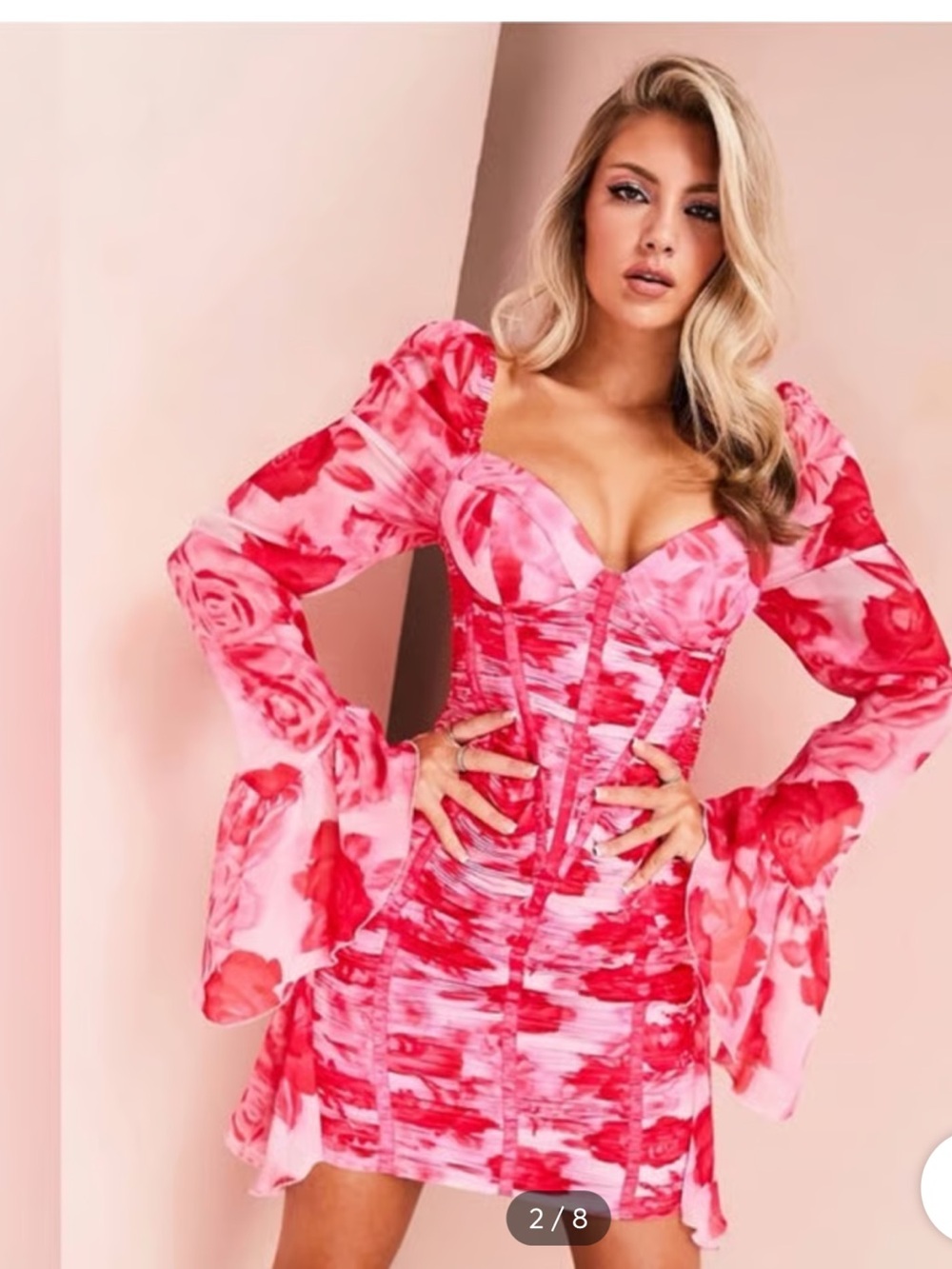 ASOS LUXE Chiffon Pink & Red Floral Ruched Corset Mini Dress
